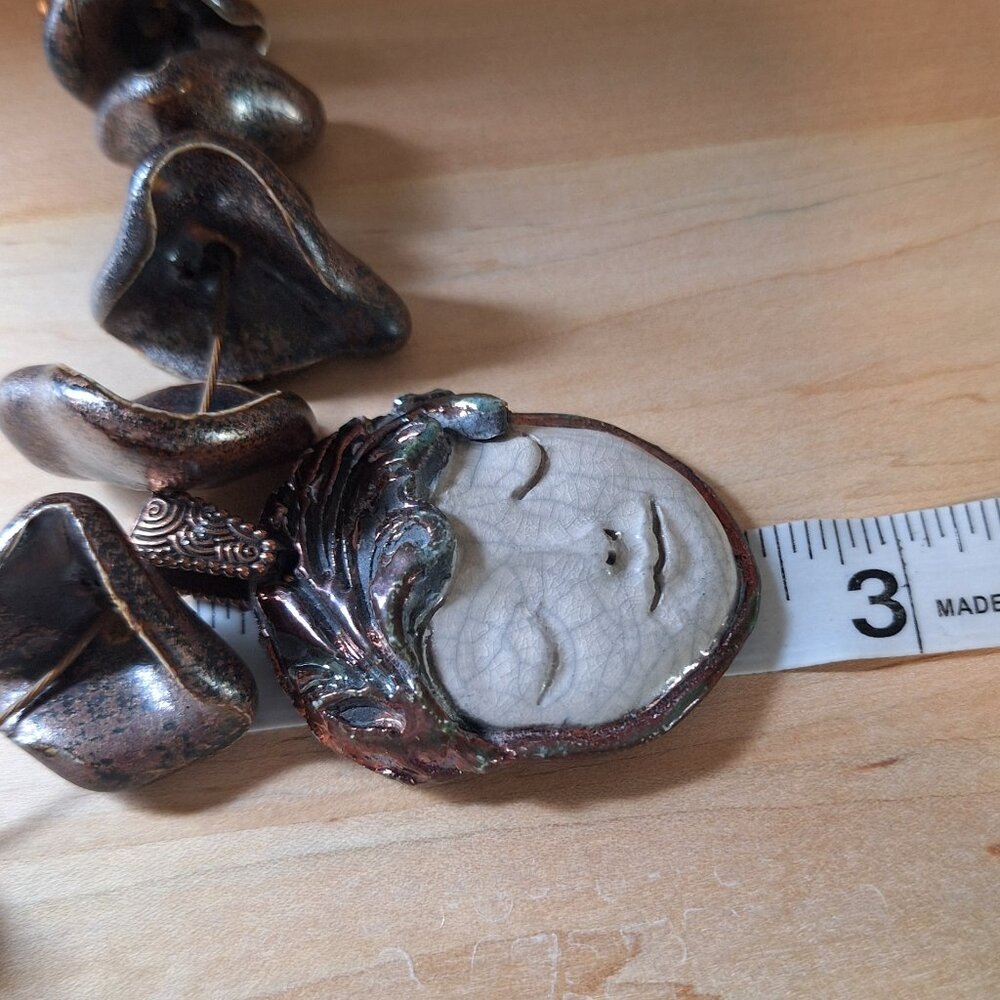 Marcia Merrins Signed Raku Face Bronze Pendant Whimsical Necklace Wearable Art - Picture 13 of 14